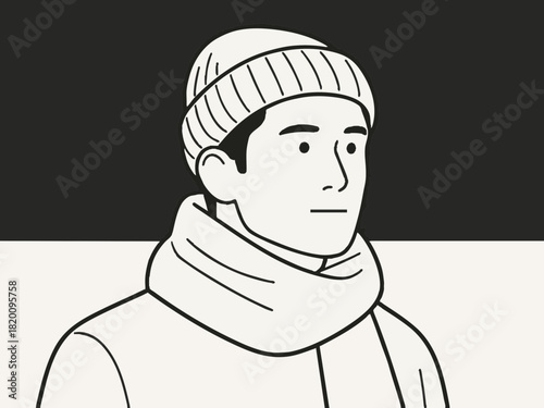 A simple illustration of a man wearing a knit cap and scarf. Winter. Winter clothes. Cold.