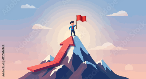 Businessman planting flag on mountain peak, symbolizing success, achievement, and overcoming challenges in business and personal endeavors