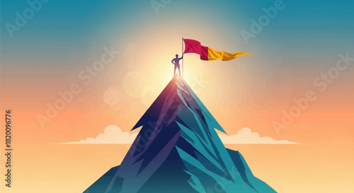 Man stands on top mountain peak holding flag, symbolizing success, achievement, and leadership against vibrant sky at sunset or sunrise