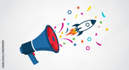 Megaphone with rocket launch and confetti on, symbolizing marketing campaign, product launch, business promotion, isolated on