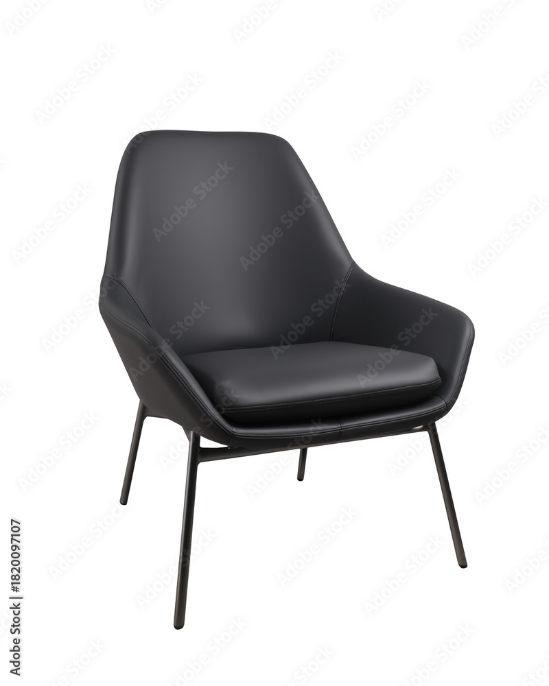Fototapeta premium Modern lounge chair with black leather upholstery and metal legs on transparent background