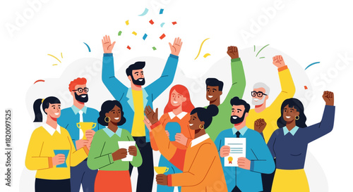 Diverse team celebrating business success with confetti and trophies, showcasing collaboration, achievement, and positive work environment for company growth and innovation