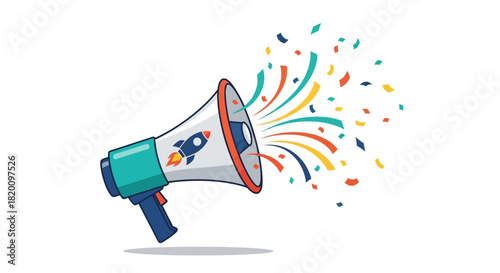 Megaphone with rocket and confetti isolated on, symbolizing announcement, promotion, and launch new product or service with excitement