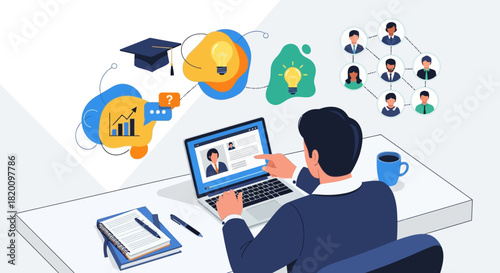 Online education concept with student attending virtual classes on laptop, gaining knowledge, and connecting with peers, isolated on