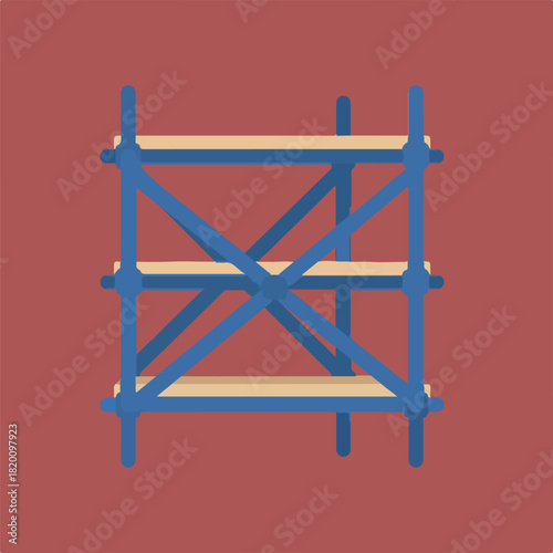 Illustration of a three-level scaffolding structure with blue vertical supports and horizontal platforms, against a muted red-brown background.