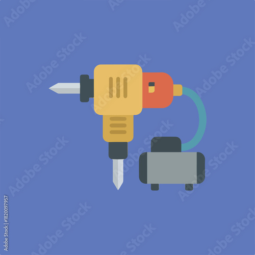 Illustration of a yellow and red jackhammer connected to a gray air compressor, a tool used for construction or demolition work, on a blue background.