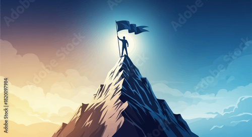 Silhouette man holding flag on mountain top achieving success and leadership, overcoming challenges, and reaching goals in dramatic landscape