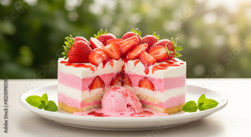 Delicious strawberry cake with fresh berries and cream on a plate.
