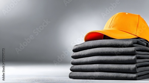 Stack of neatly folded dark grey t-shirts with a bright orange baseball cap on top, against a blurred grey background.