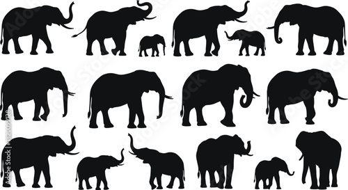 Set of elephant silhouettes, wild African animal vector collection, walking safari mammals, mother and baby figures, black icons isolated on white background.