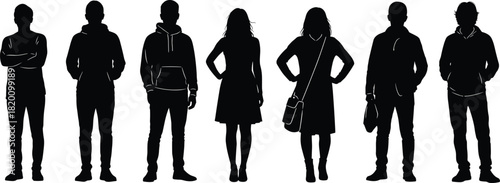 Set of people silhouettes, young men and women standing, casual clothing vector illustration, isolated characters group, black human figures collection for design.