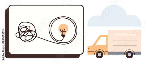 Tangled line leading to bright lightbulb, delivery truck moving under cloud. Ideal for innovation, logistics, problem-solving, creativity, solutions, brainstorming progress. Simple flat metaphor