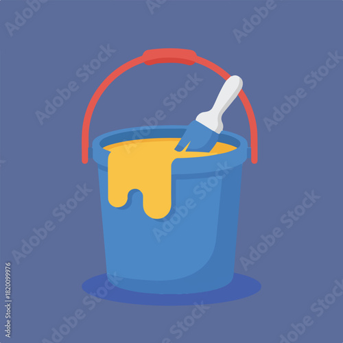 A cartoon-style illustration of a blue paint bucket filled with yellow paint, with a white-handled paintbrush resting inside, set on a blue background.
