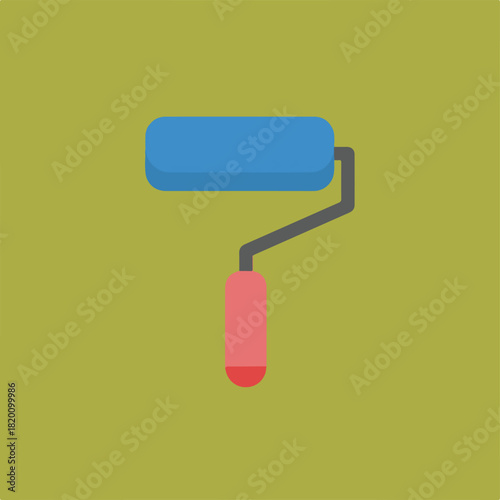 An illustrative, minimalist graphic features a paint roller with a blue roller, gray handle, and red grip, set against a plain, muted olive green background.