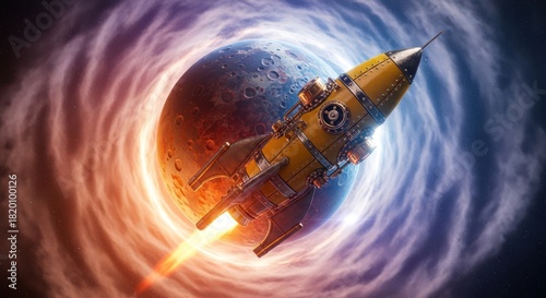Fototapeta Naklejka Na Ścianę i Meble -  Vintage rocket ship blasting off from a cratered moon with swirling cosmic nebula