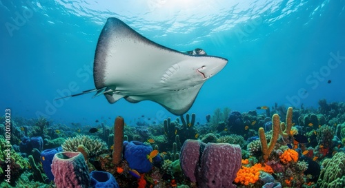Fototapeta Naklejka Na Ścianę i Meble -  Majestic stingray gliding over a vibrant coral reef ecosystem in tropical waters