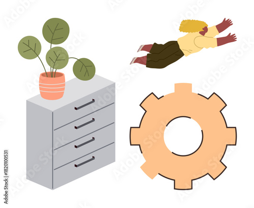 Person soaring above filing cabinet with potted plant and gear object representing creativity, innovation, work-life balance. Ideal for productivity, organization, teamwork, growth, ideas