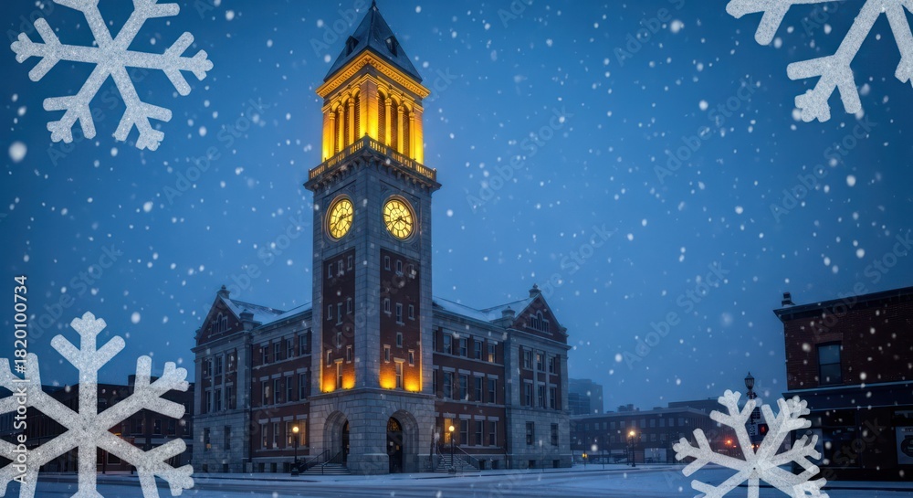Naklejka premium Winterscape with illuminated clock tower, evoking a sense of timeless festivity and silent snowfall