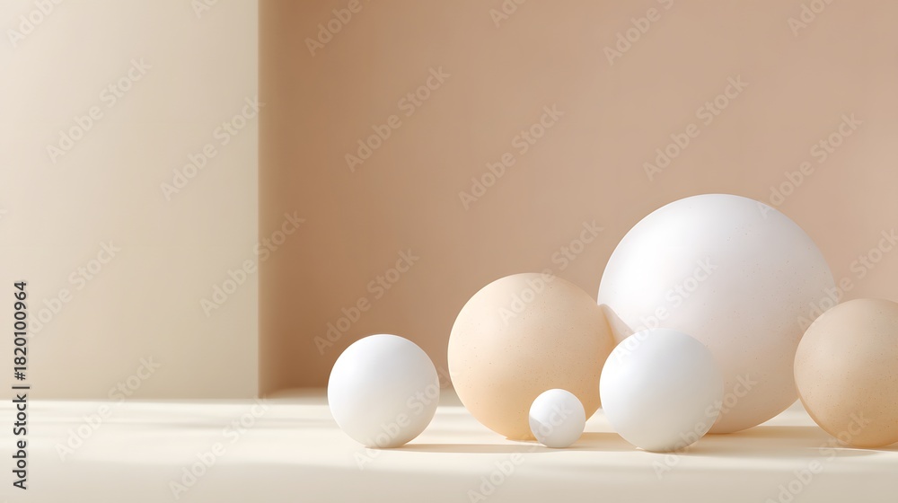Fototapeta premium abstract minimal background with beige and white spheres, soft gradient, various sphere size