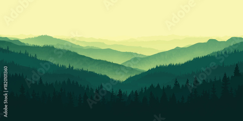 Serene layered mountains and forest landscape in shades of muted green