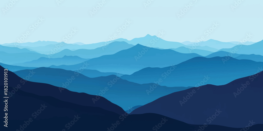 Fototapeta premium Layered mountain ranges depicted in varying shades of blue tones