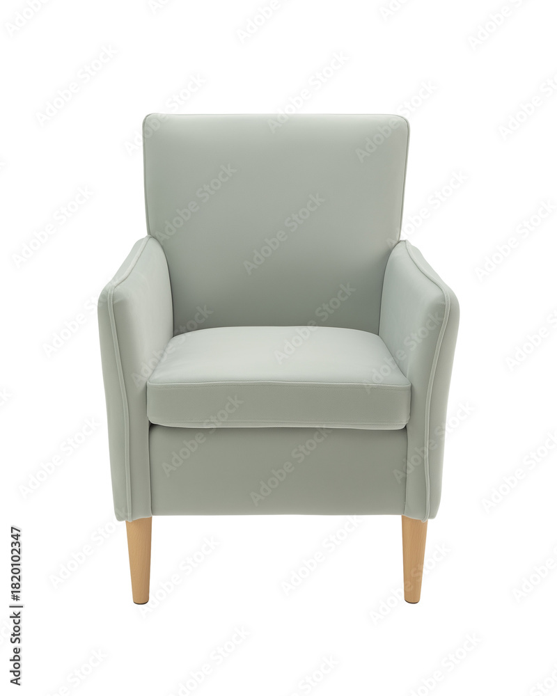 Fototapeta premium Modern minimalist armchair with light pastel green upholstery and light wood legs on transparent background