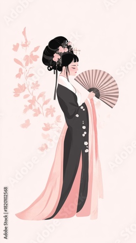 Elegant Asian Woman in Traditional Dress Holding a Fan with Floral Background and Soft Color Palette