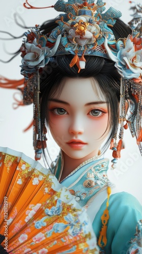 Elegant Asian Woman in Traditional Dress, Holding a Fan, with Intricate Hair Accessories and Vibrant Colors