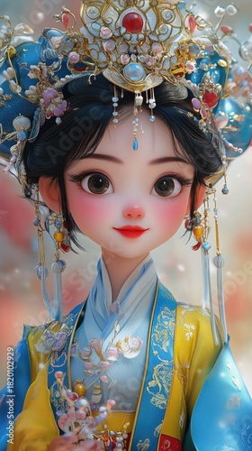 Elegant traditional costume portrait of a beautiful woman with intricate hair accessories and delicate features