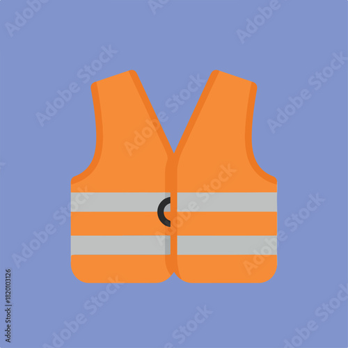 A vibrant vector graphic portrays an orange safety vest with reflective stripes, set against a light purple background, suitable for safety-related designs.