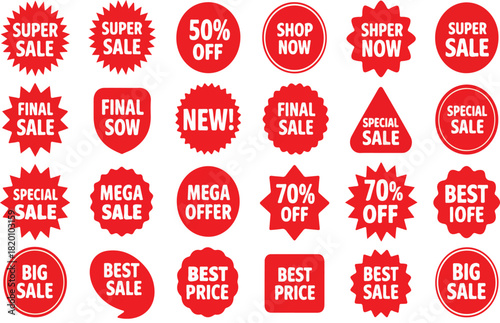 Big Red Sale and Discount Tags Collection - Vector Marketing Stickers Set with Super Sale, 50% Off, Best Price, and New Labels