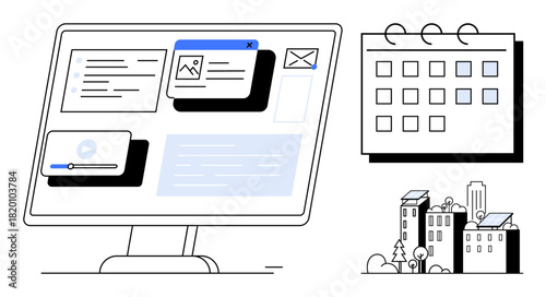 Desktop screen with interactive windows, calendar for scheduling, and cityscape. Ideal for productivity, project management, business, planning, organization collaboration tech workflow. Simple