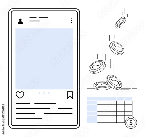 Smartphone interface with user interaction icons, falling coins, and financial table. Ideal for marketing, digital business, social media strategy, e-commerce, revenue analysis, financial planning