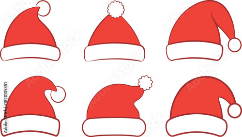 Set of Six Red Santa Claus Hats - Vector Christmas Headwear Icons, Festive Costume Accessory, Holiday Celebration Design