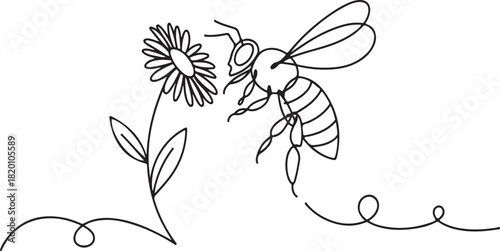 Continuous One Line Drawing of Bee Flying to a Flower - Vector Minimalist Outline Illustration, Honeybee, Nature, Entomology, Simple Monoline Art