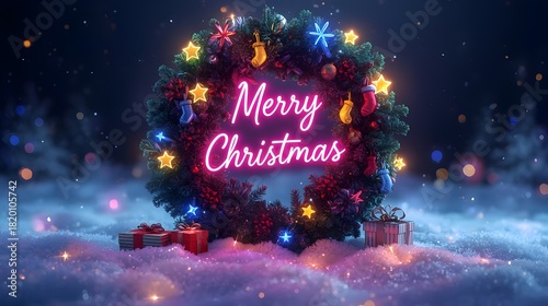 Christmas wreath with neon light 