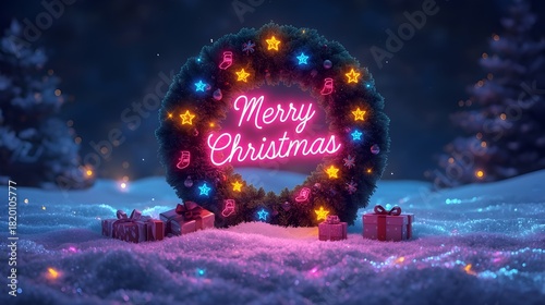 Christmas wreath with neon light 