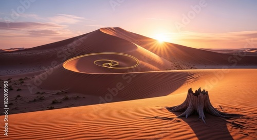 Fototapeta Naklejka Na Ścianę i Meble -  Golden spiral amidst undulating sand dunes under a vibrant sunset in a desert landscape