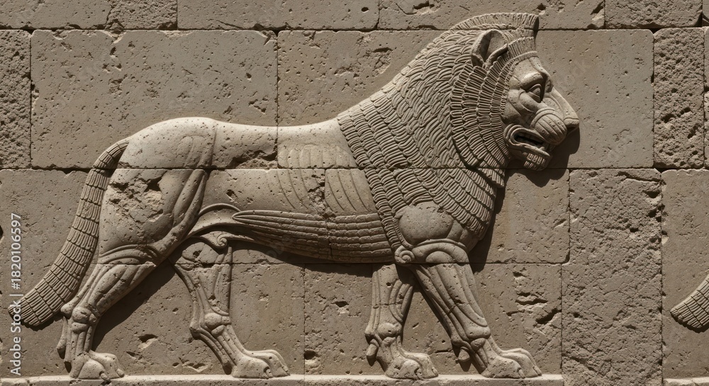 Fototapeta premium Ancient Mesopotamian winged lion bas-relief from stone wall with archaic details