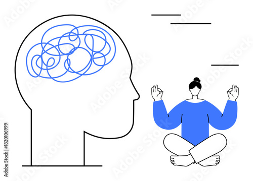 Human silhouette with tangled line brain beside a meditating individual in a relaxed pose. Ideal for mindfulness, mental health, stress relief, clarity, calmness, wellness, focus, simple flat