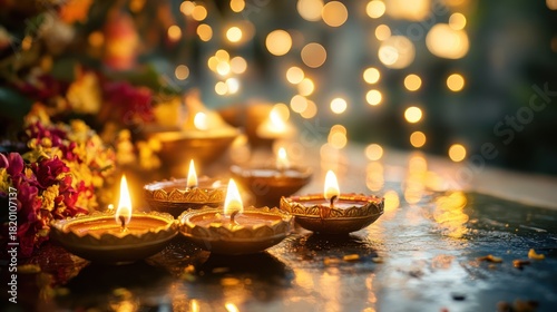 Diwali candles in bokeh background.  Possible use Stock photo