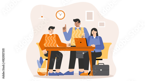 Office teamwork with multicultural employees Flat Vector Illustration