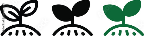 Three icons of a plant growing from soil in different styles , plant, sprout, seedling, leaf, growth, soil, earth,