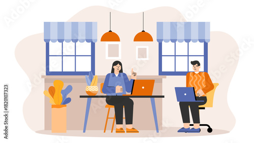Flat design of business people working in hybrid office Flat Vector Illustration
