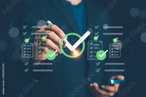 Digital checklist and approval workflow illustrating business document validation, task tracking, process optimization, quality verification, and efficient decision-making in modern digital operations