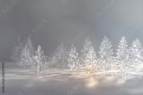 Minimalist composition with clear acrylic Christmas trees and snowflakes, softly backlit for a glowing effect, set against a pristine backdrop, creating a serene atmosphere
