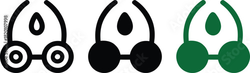 Three stylized car or vehicle icons in black outline black fill and green fill Keywords: car icon, vehicle icon, automobile icon, transport icon