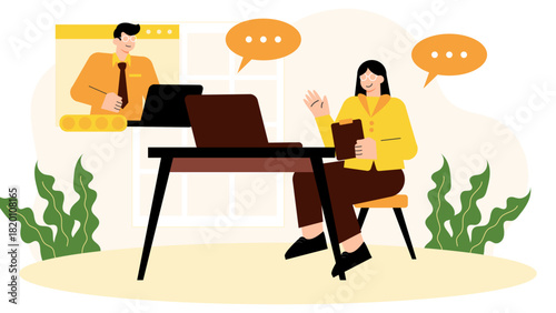 Flat design of business people working in hybrid office Flat Vector Illustration