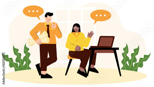 Office teamwork with multicultural employees Flat Vector Illustration