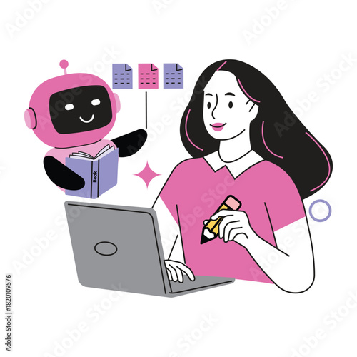 LLM training and machine learning vector. Artificial intelligence robot assisting a woman with online learning and data management on laptop.

